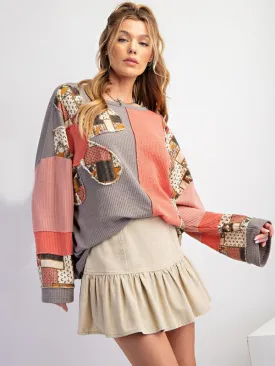 Contrast Print Waffle Top Casual Loose Sweatshirt