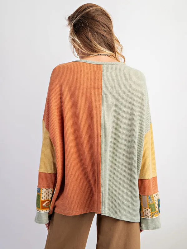 Contrast Print Waffle Top Casual Loose Sweatshirt