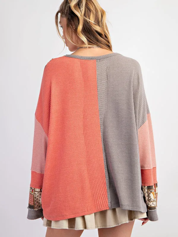 Contrast Print Waffle Top Casual Loose Sweatshirt
