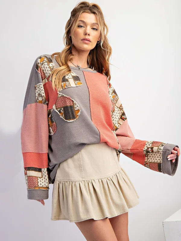 Contrast Print Waffle Top Casual Loose Sweatshirt