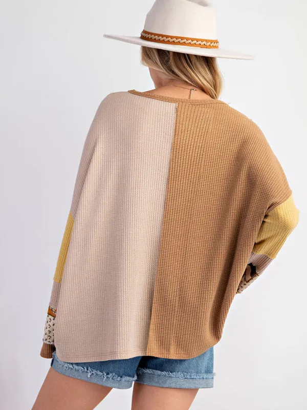 Contrast Print Waffle Top Casual Loose Sweatshirt