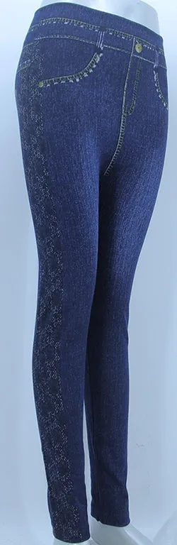 DENIM LOOK LEGGINGS - LACE SIDE PANEL
