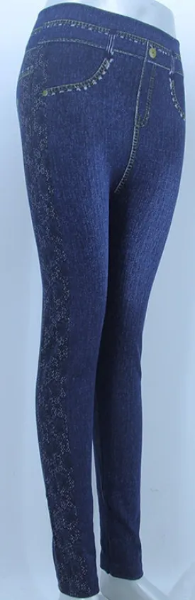 DENIM LOOK LEGGINGS - LACE SIDE PANEL