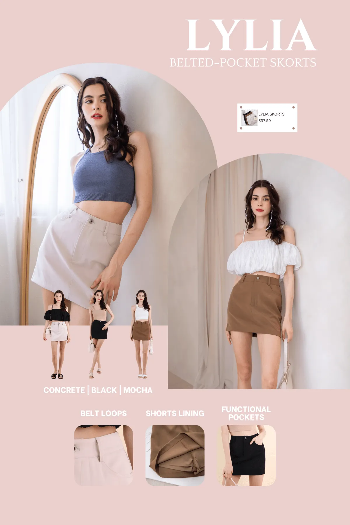 LYLIA BELTED-POCKET SKORTS IN MOCHA
