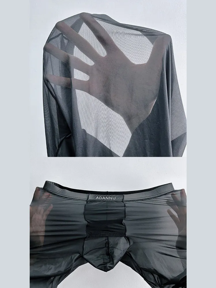Men's Breathable Semi-transparent Sexy Black Silk Large Pouch Leggings