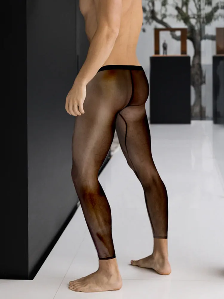 Men's Breathable Semi-transparent Sexy Black Silk Large Pouch Leggings