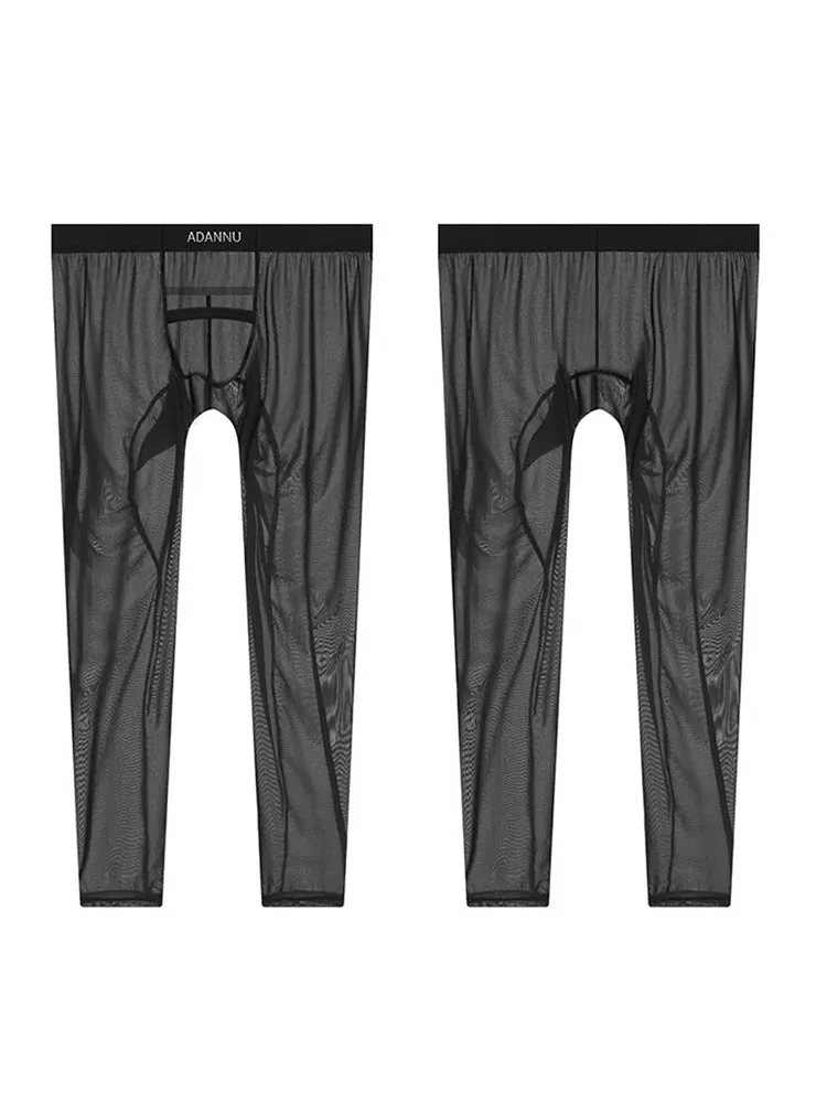 Men's Breathable Semi-transparent Sexy Black Silk Large Pouch Leggings