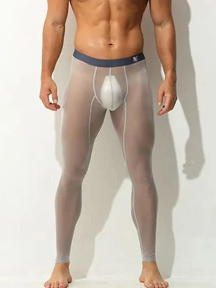 Men's Ice Silk Full Transparent Sexy Fitness Pants Sports Tights