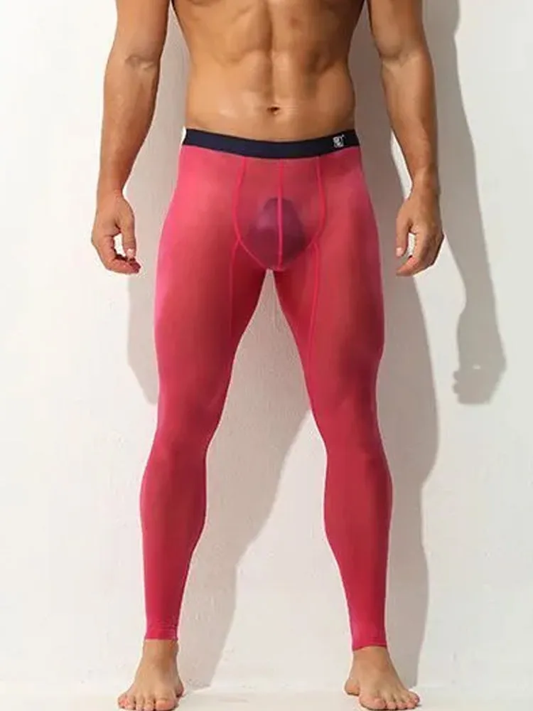 Men's Ice Silk Full Transparent Sexy Fitness Pants Sports Tights
