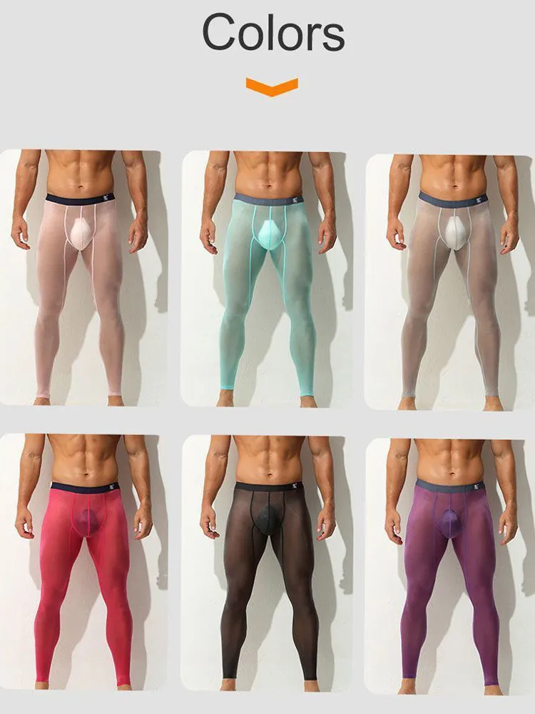 Men's Ice Silk Full Transparent Sexy Fitness Pants Sports Tights