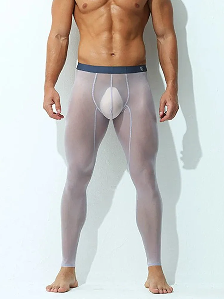 Men's Ice Silk Full Transparent Sexy Fitness Pants Sports Tights