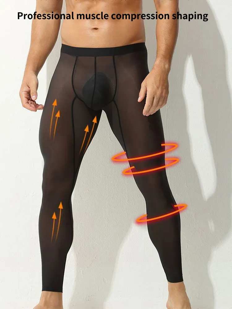 Men's Ice Silk Full Transparent Sexy Fitness Pants Sports Tights