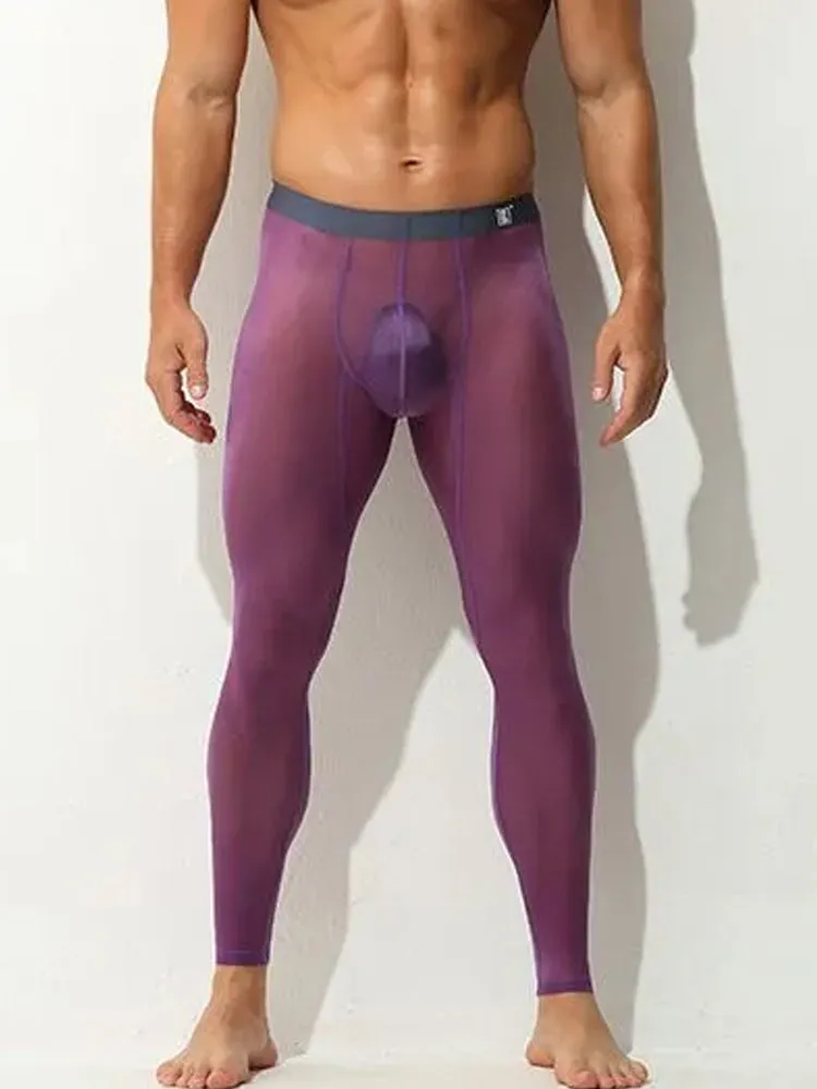 Men's Ice Silk Full Transparent Sexy Fitness Pants Sports Tights