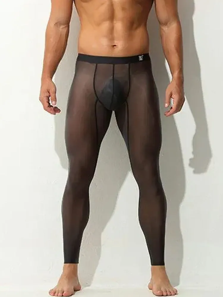 Men's Ice Silk Full Transparent Sexy Fitness Pants Sports Tights
