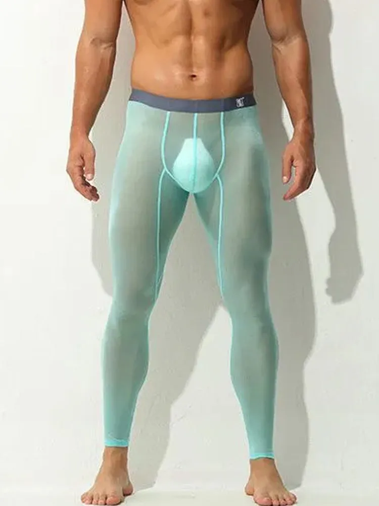Men's Ice Silk Full Transparent Sexy Fitness Pants Sports Tights