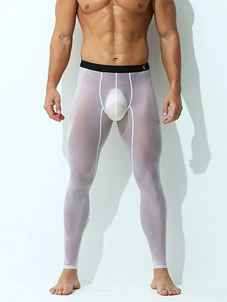 Men's Ice Silk Full Transparent Sexy Fitness Pants Sports Tights