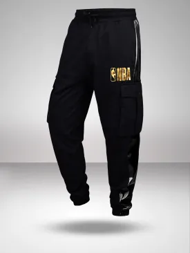 NBA: Faux PU Paneled Cargo Joggers- Black