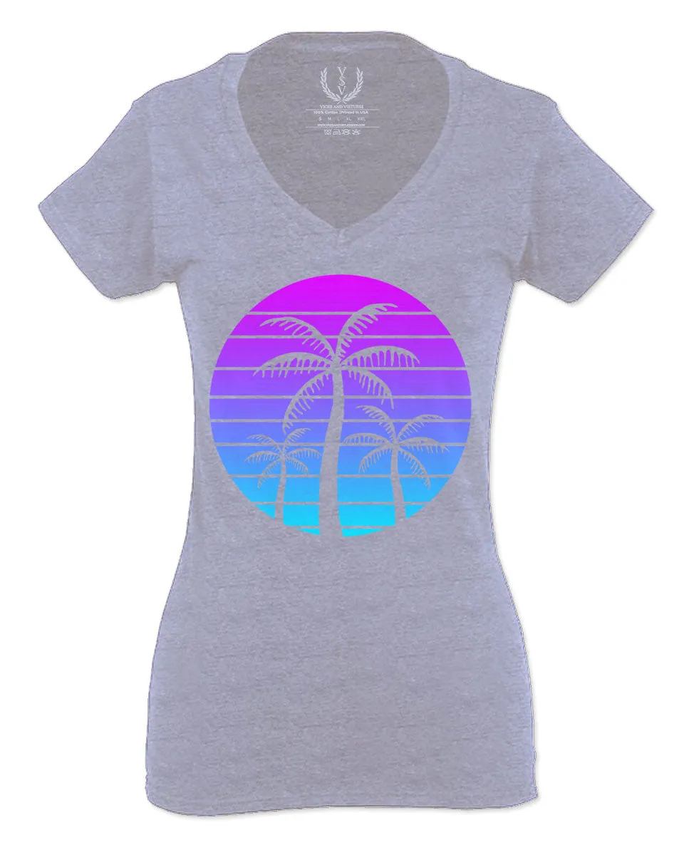 Vaporwave Palm Trees Aesthetics Art Beach surf Sunset For Women V neck fitted T Shirt
