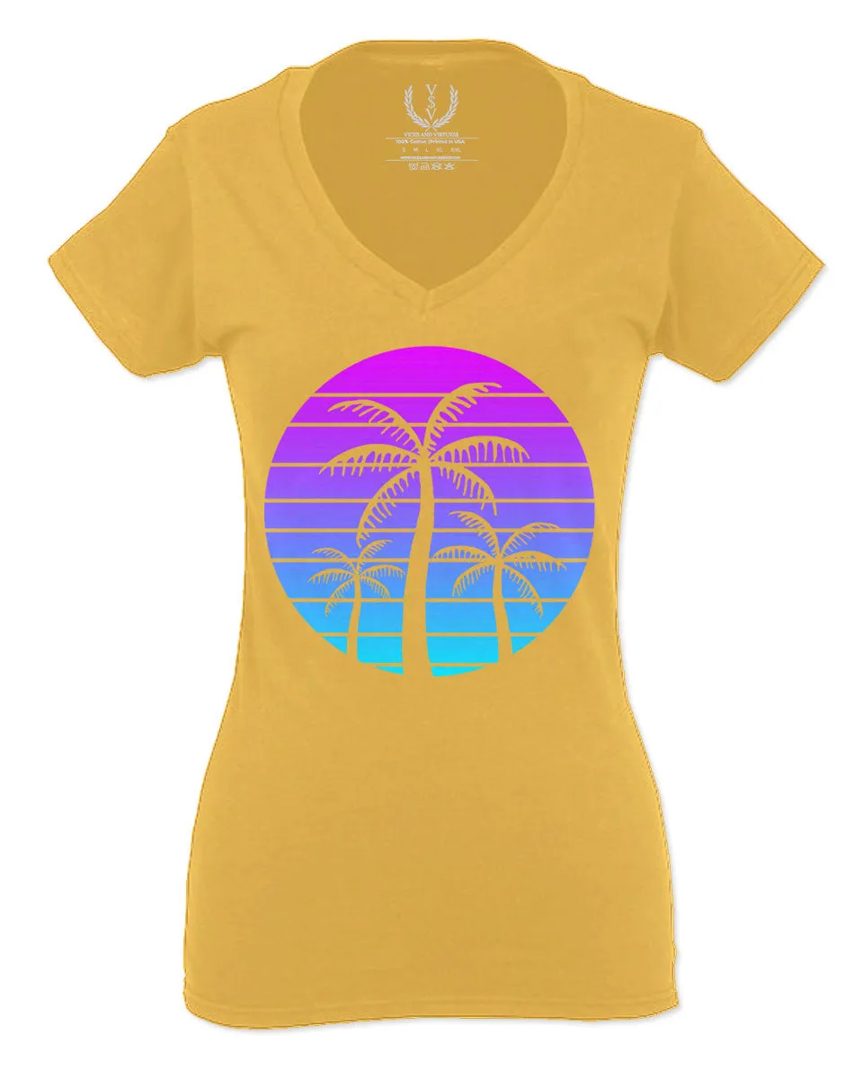 Vaporwave Palm Trees Aesthetics Art Beach surf Sunset For Women V neck fitted T Shirt