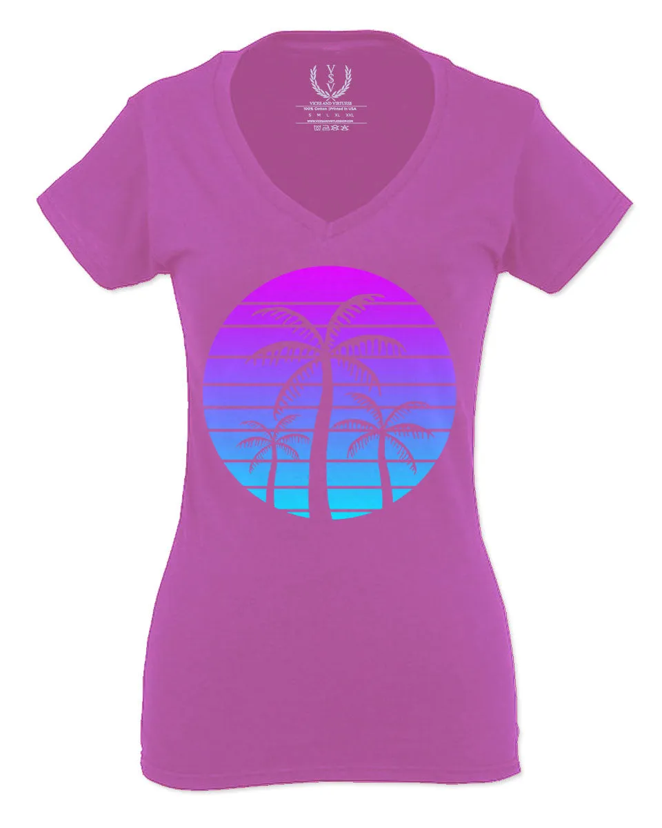 Vaporwave Palm Trees Aesthetics Art Beach surf Sunset For Women V neck fitted T Shirt