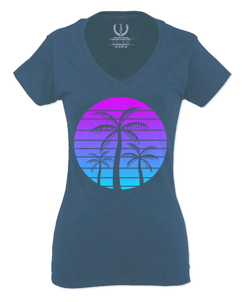 Vaporwave Palm Trees Aesthetics Art Beach surf Sunset For Women V neck fitted T Shirt