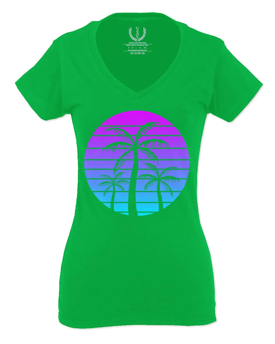 Vaporwave Palm Trees Aesthetics Art Beach surf Sunset For Women V neck fitted T Shirt